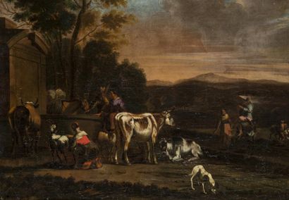 null Entourage de Nicolas Berchem (1620- 1683) Paysage romain avec berger Huile sur...