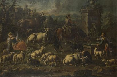 null Ecole italienne du 17ème siècle Paysage avec berger Huile sur toile 99 x 125...