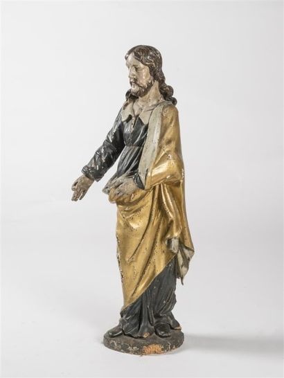 null Saint personnage, le bon pasteur Sujet en bois sculpté polychrome , retenant...