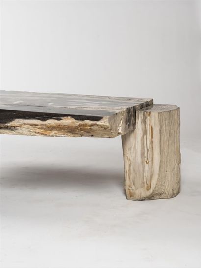 null TRAVAIL DECORATEUR XX EME Grande table basse en bois silicifié. Plateau de bois...