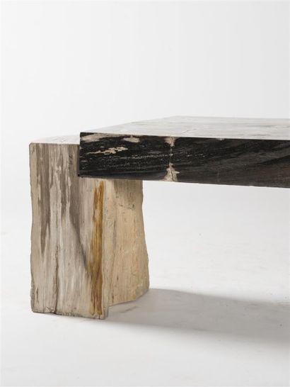 null TRAVAIL DECORATEUR XX EME Grande table basse en bois silicifié. Plateau de bois...