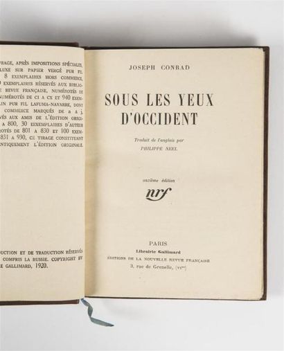 null CONRAD (Joseph), SOUS LES YEUX D'OCCIDENT, Paris, Gallimard, NRF, 1920. In-8°,...