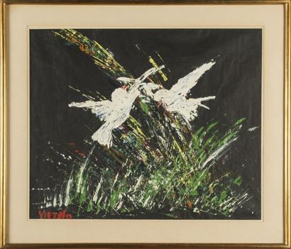 null Claude VIETHO (1915-2004) Couple d'oiseaux Huile sur papier Signé en bas à gauche...