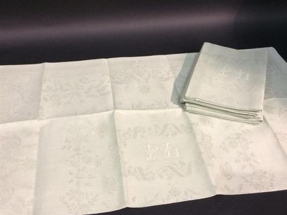 null Série de 8 serviettes de table en lin damassé vert amande. Mêmes motifs de fleurs...