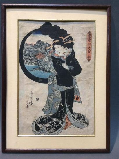 null JAPON, estampe courtisane dans un paysage de montagne et mer 23.5 x 35 cm