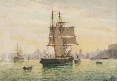 null P. BONIFAY (XIXe)
Deux mats entrant dans le port de Marseille, huile sur toile,...