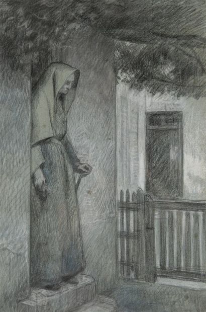 null Jules-Emmanuel VALADON (1826-1900) 
Femme sur le seuil de la porte
Dessin au...