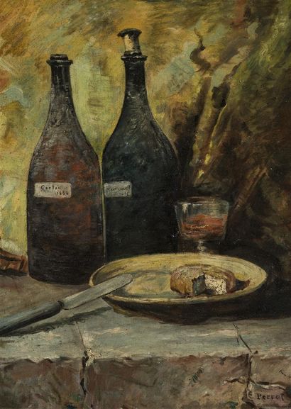 null Eugène PERROT (1875 -1922 Lentilly)
Nature morte au bouteilles de Bourgogne
Huile...