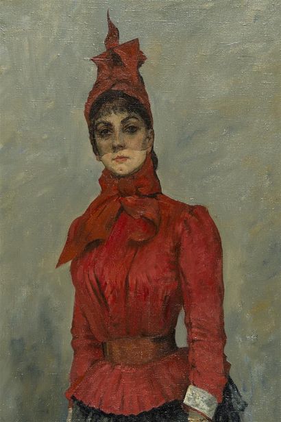 null Ecole Moderne, "Portrait d'une élégante au gilet et chapeau rouge"
86,5X48,5...