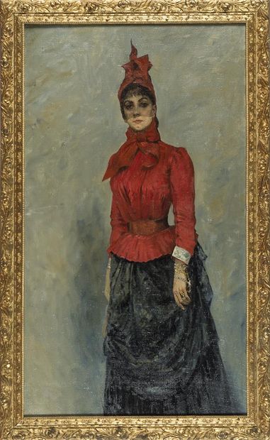 null Ecole Moderne, "Portrait d'une élégante au gilet et chapeau rouge"
86,5X48,5...