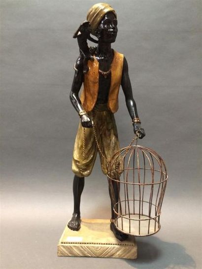 null Homme avec singe sur l'épaule portant une cage, sujet en résine H:61cm