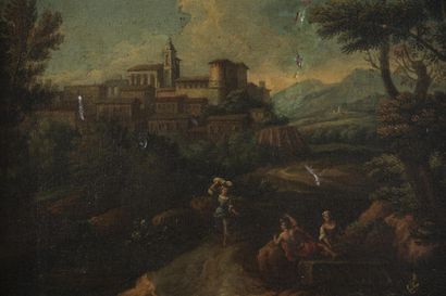 null Ecole italienne 17ème siècle
Paysage de château et personnages dans les montagnes...
