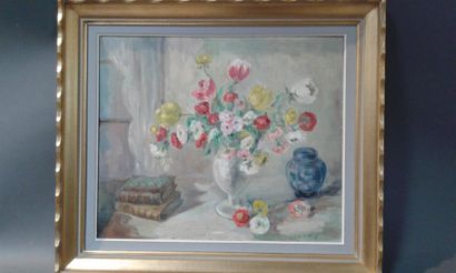 null BOSSY Carmen 
Bouquets de fleurs au pot bleu et aux livres
Huile sur toile
Sbg
53...