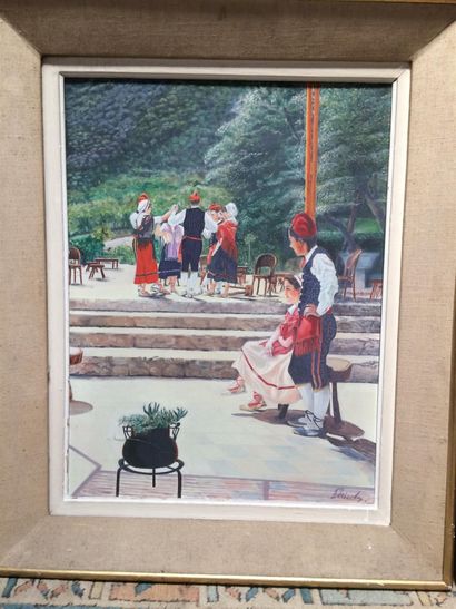null Scène de danse dans un village grec, huile sur toile 44 x 60 cm