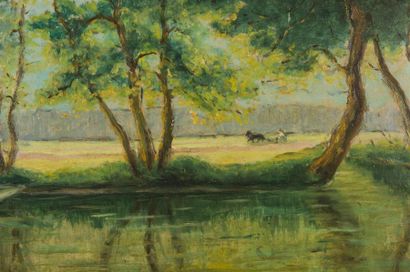 null Léopold SMETANA (1867-1948)
Vue de bords de rivière avec attelage
Huile sur...