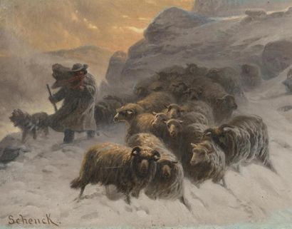 null August Friedrich SCHENCK (1828-1901)
Berger et troupeau dans une tempête de...