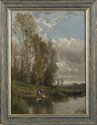 null François PERRET (1825 - ?)
paysage avec lavandière
Huile sur panneau
Signé en...