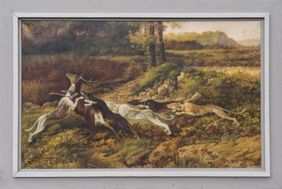 null Chiens chassant un cerf
Huile sur toile
191 x 120 cm
((quelques restauratio...