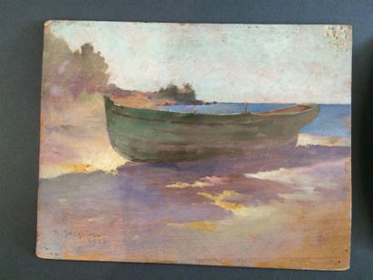 null lot de deux peintures :
B. JACQUIER Barque échouée huile sur contreplaqué signée...