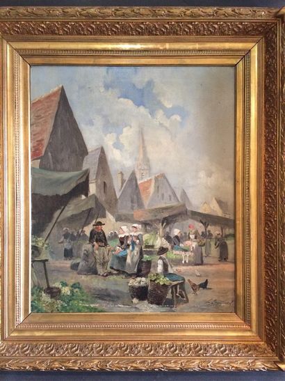 null A. DUMESNIL (19ème siècle)
Scène de marché en Bretagne
Huile sur toile
Signée...