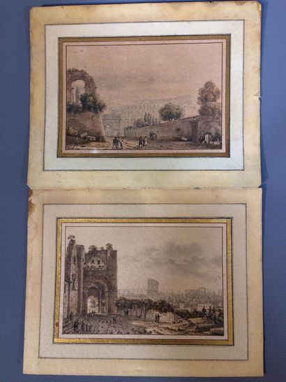 null Ecole italienne 19ème siècle
Deux vues de Rome 
Encre et lavis sur papier