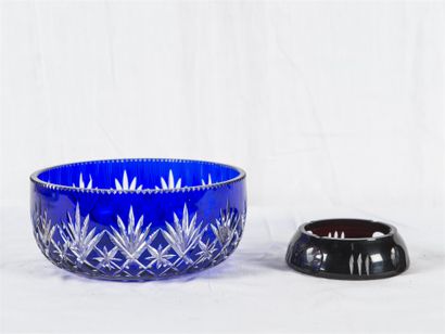 null LIMOGES, deux assiettes en porcelaine peinte, 
Saladier en cristal taillé bleu...