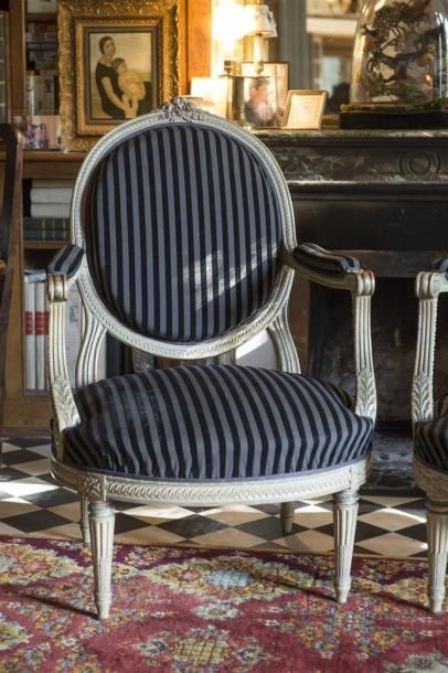 null Paire de fauteuils à dos plat en bois laqué 
Style Louis XVI, 19ème siècle
H...