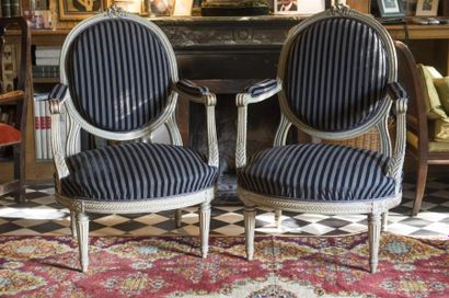 null Paire de fauteuils à dos plat en bois laqué 
Style Louis XVI, 19ème siècle
H...