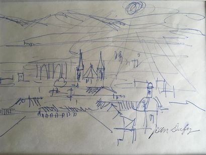null Jean DUFY (1888-1964)
Les toits de la ville
Dessin, stylo bille sur papier
cachet...
