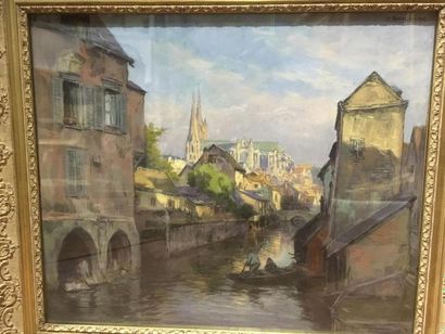 null Henri Alphonse BARNOIN (1882 le FOUAT- 1935) 
Vue de Quimper
Pastel sur papier
Signée...