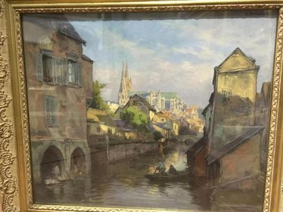 null Henri Alphonse BARNOIN (1882 le FOUAT- 1935) 
Vue de Quimper
Pastel sur papier
Signée...