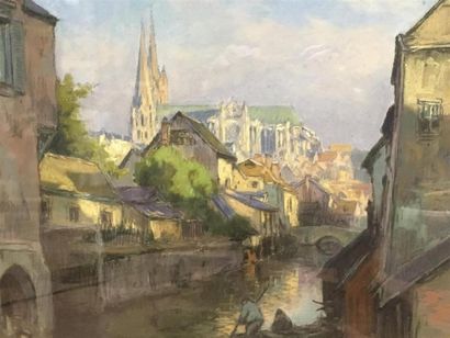 null Henri Alphonse BARNOIN (1882 le FOUAT- 1935) 
Vue de Quimper
Pastel sur papier
Signée...