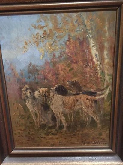 null Marie CALVES 1883-1957 
Chiens de chasse 
Huile sur panneau
30 x 25 cm
