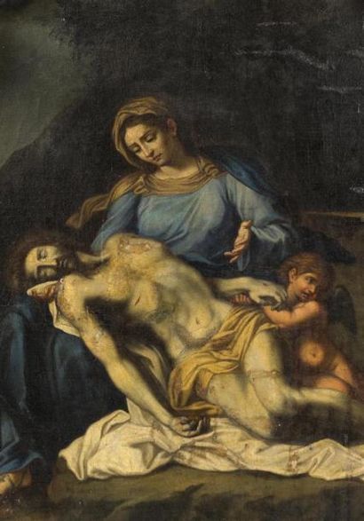 null Ecole française 17ème siècle
Pieta 
huile sur toile
Cadre en obis doré ajouré...