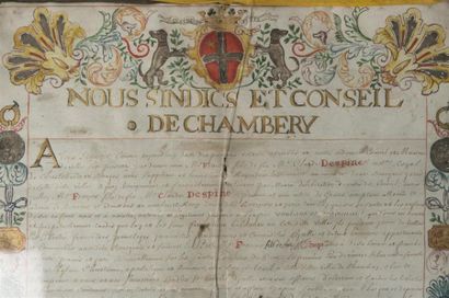 null Diplôme de bourgeois de la ville de Chambery 7 janvier 1711 par Monsieur Claude...
