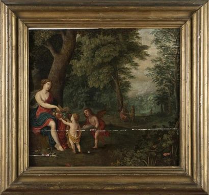 null Ecole flamande 16ème siècle
Diane et amour dans un jardin
Huile sur toile
48...