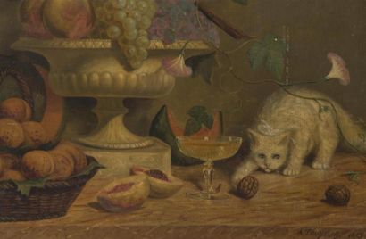 null Ecole Française du 19ème siècle
Nature morte avec chat et panier de fruits
Huile...