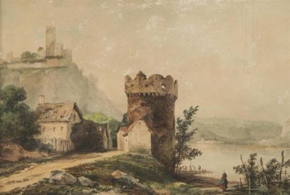 null Julien Michel GUE (1789-1843)
Paysage de bord de fleuve
Aquarelle sur papier
Signée...