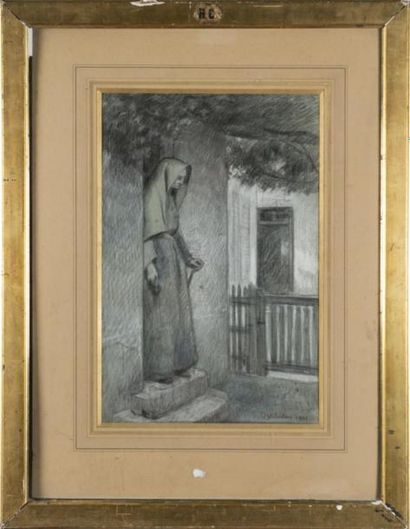 null Jules-Emmanuel VALADON (1826-1900) 
Femme sur le seuil de la porte
Dessin au...