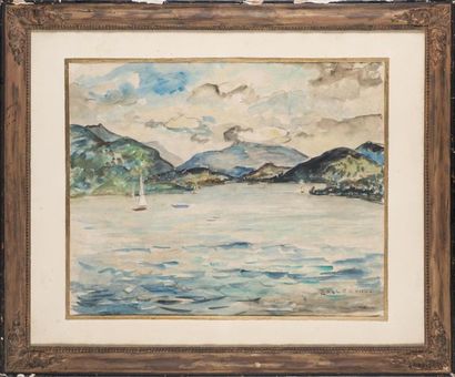 null LALLEMAND, 
vue du lac du Bourget, 
aquarelle signée en bas à droite 
45 x 55...