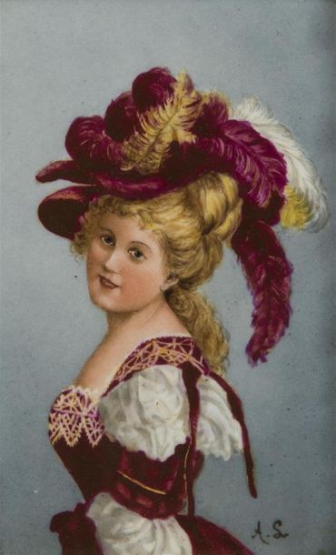 null Peinture sur porcelaine, portrait de jeune fille
Monogrammé AS
15 x 10 cm
