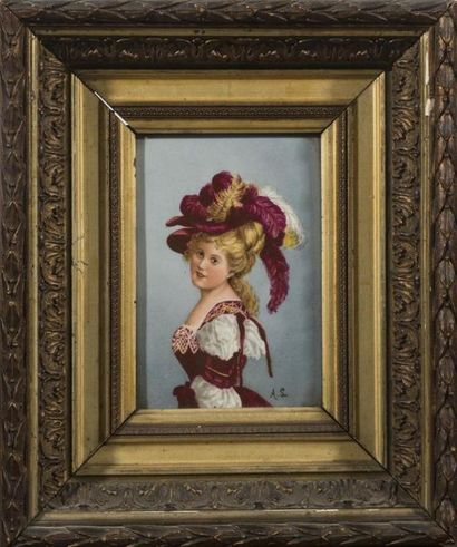 null Peinture sur porcelaine, portrait de jeune fille
Monogrammé AS
15 x 10 cm