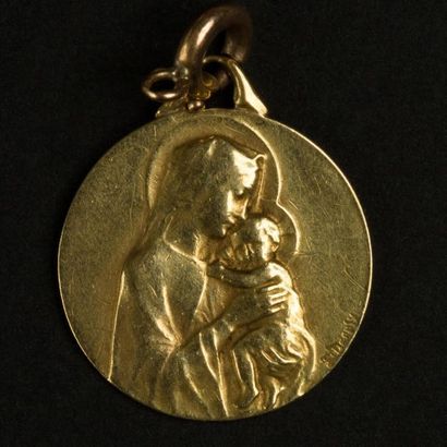 null E. DROPSY. Médaille en or jaune (750) 18K Vierge à l'enfant" monogrammé et daté...