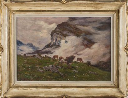null Clovis Frédérick TERRAIRE (1858-1931). 
Paysage de montagne avec vaches
huile...