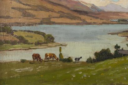 null Clovis Frédérick TERRAIRE (1858-1931). 
Paysage de lac de montagne avec vaces
huile...