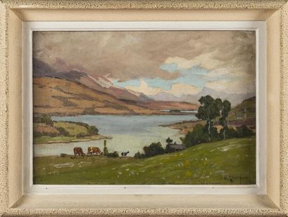 null Clovis Frédérick TERRAIRE (1858-1931). 
Paysage de lac de montagne avec vaces
huile...