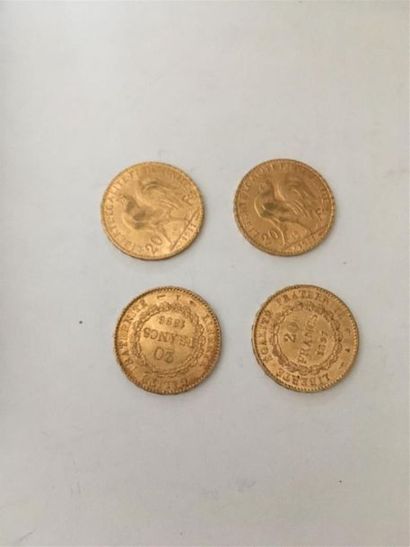 null Quatre pièces en or 20 francs IIIème République 
Vente sur désignation