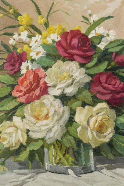 null Paul ESCHBACH (1881 - 1961) 
Bouquet de roses et marguerites
huile sur toile...