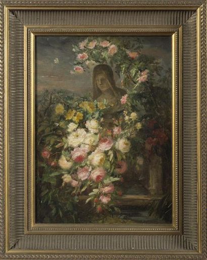 null Ecole française 19ème siècle
Nature morte Vierge et bouquet de fleurs
Huile...
