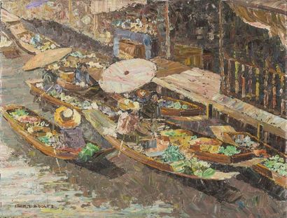 null Gustav-Pietr ADOLFS (1897-1968)
Marché lacustre au Vietnam 
Huile sur toile...